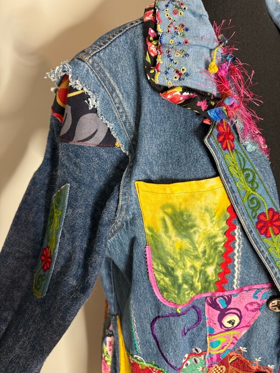 AMBER STUDIOS One Of A Kind Denim Jean Maxi Coat Duster Art To Wear Boho Large - Picture 4 of 16